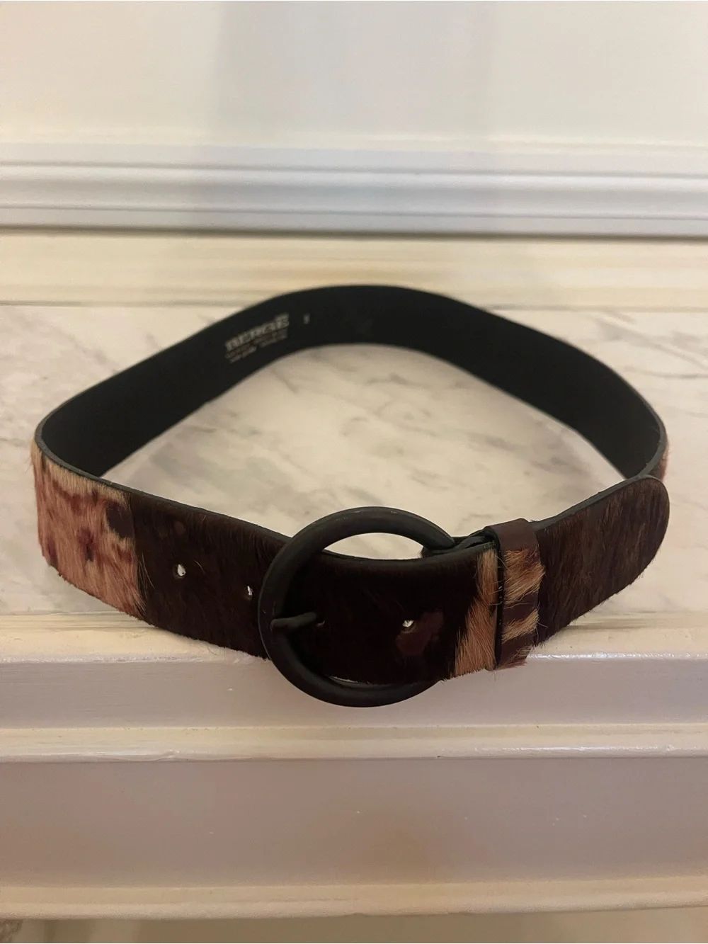 Genuine Calf Hair Circle Buckle Belt in Brown